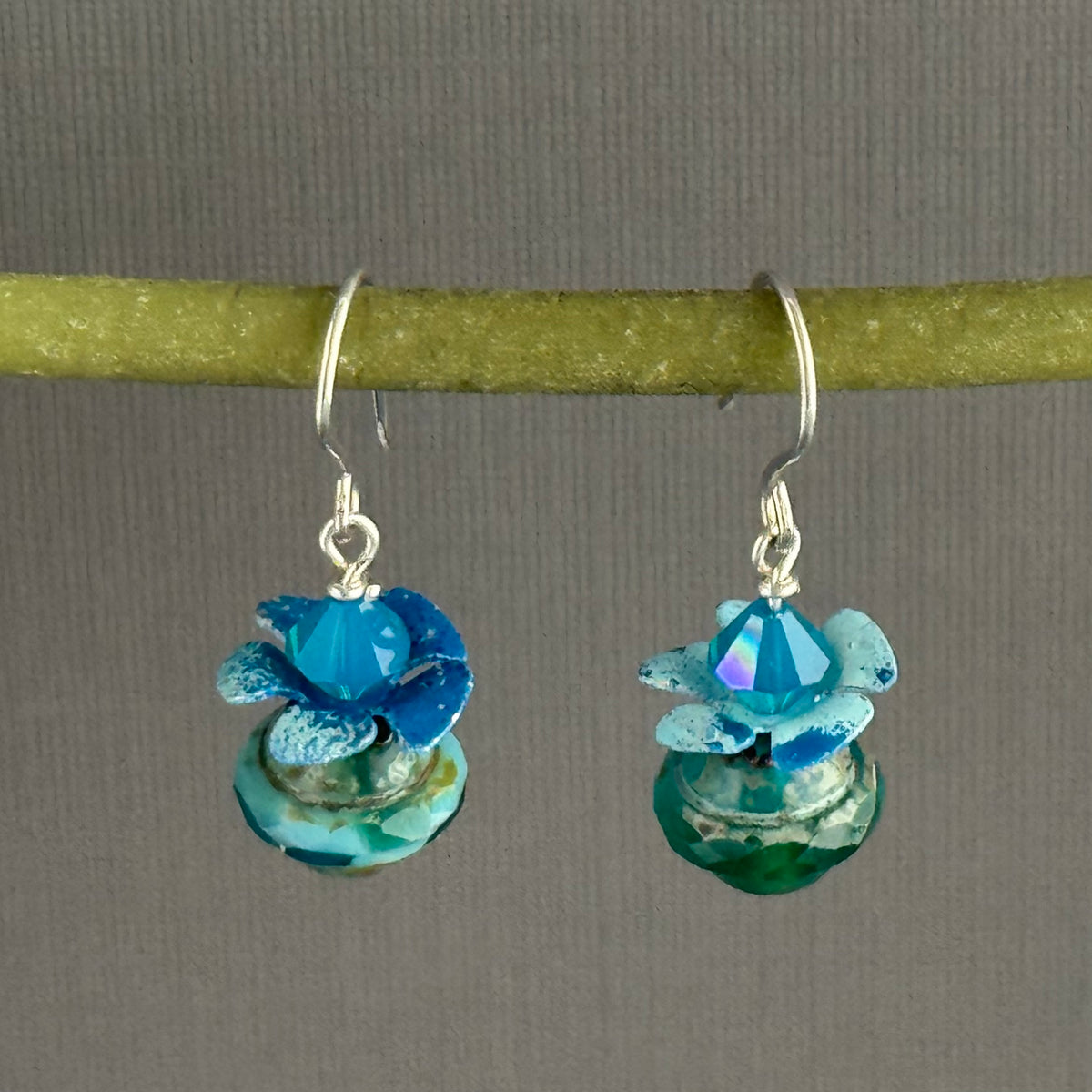 Blue Czech Glass Saturn Beads with Swarovski Crystals in Sterling Silver