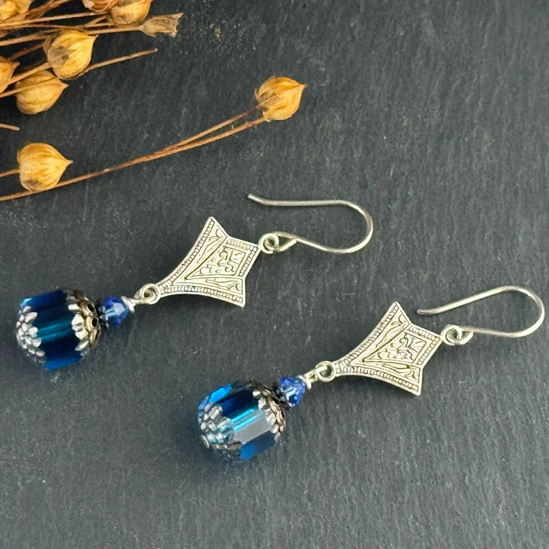 Indigo Blue Cathedral Drop "Victorian" Earrings in Sterling Silver