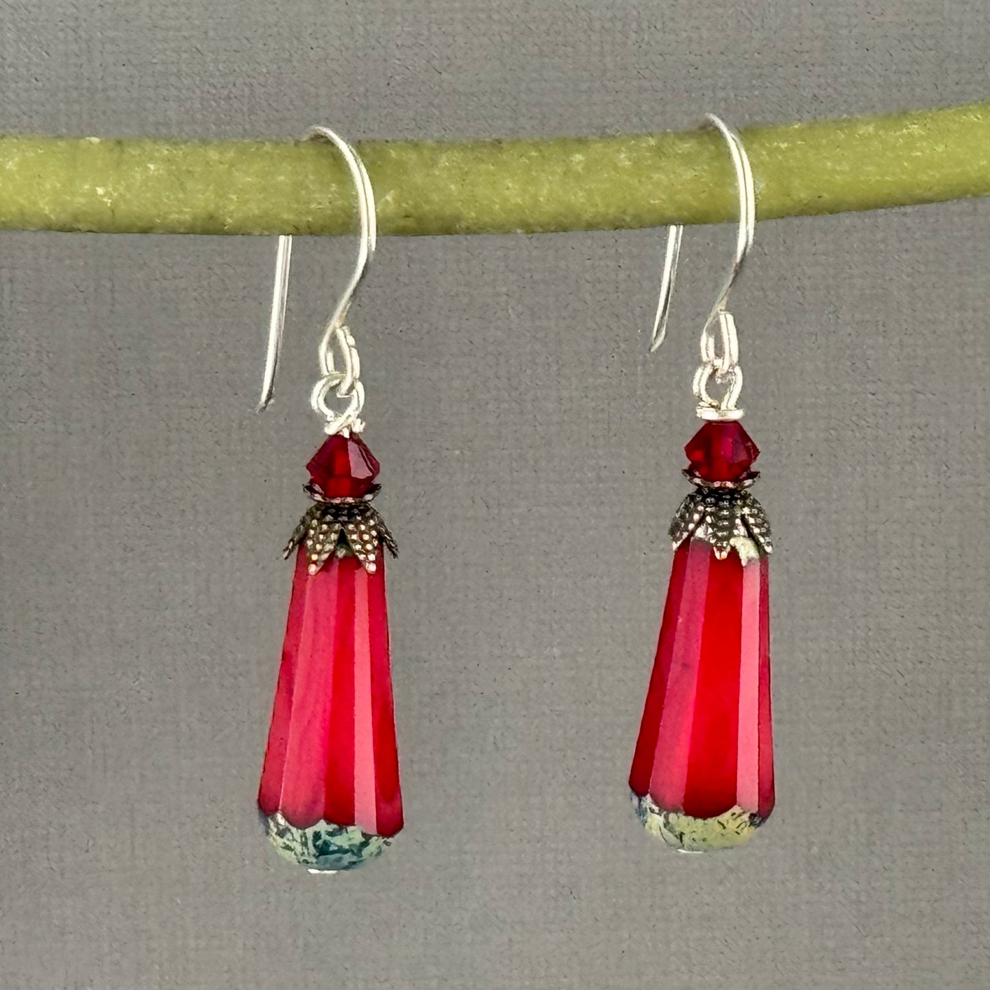 Czech Glass Red Dangle Earrings in Sterling Silver