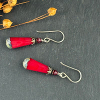 Czech Glass Red Dangle Earrings in Sterling Silver