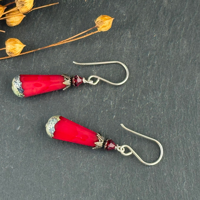 Czech Glass Red Dangle Earrings in Sterling Silver