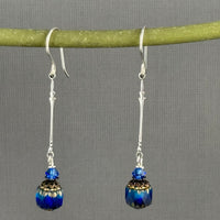 Czech Glass Dark Blue Cathedral Earrings in Sterling Silver