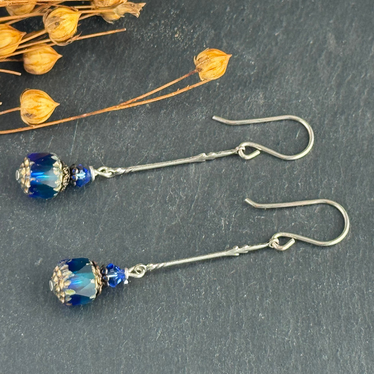 Czech Glass Dark Blue Cathedral Earrings in Sterling Silver
