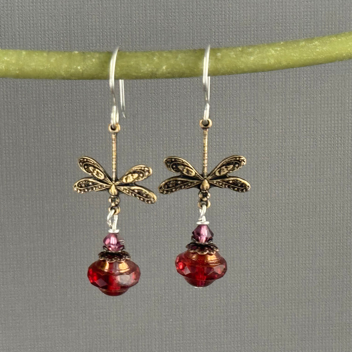 Czech Glass Red and Clear Saturn Earrings on Dragonfly Components in Sterling Silver