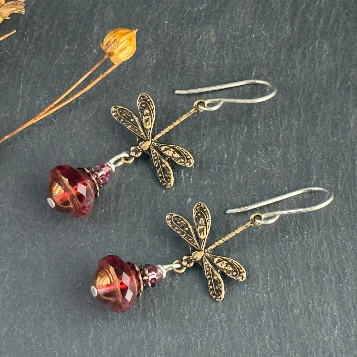Czech Glass Red and Clear Saturn Earrings on Dragonfly Components in Sterling Silver
