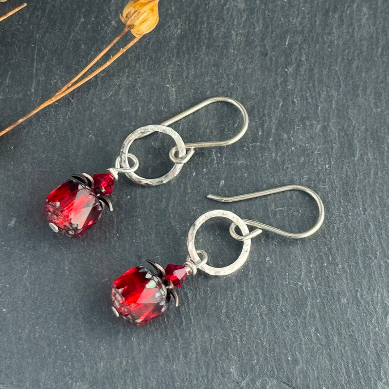 Czech Glass Red Cathedral Drop Earrings in Sterling Silver