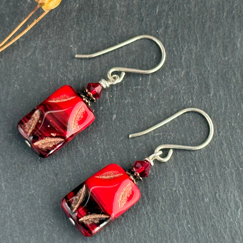 Red Czech Glass Rembrandt Diamond Triangle Earrings in Sterling Silver