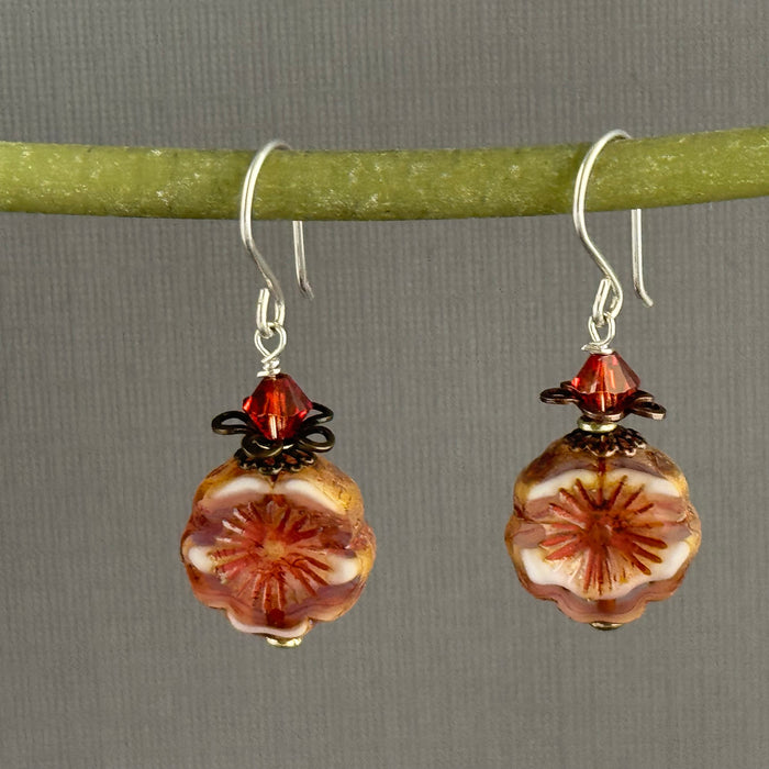Czech Glass Brown and Orange Hawaiian Flower Earrings in Sterling Silver