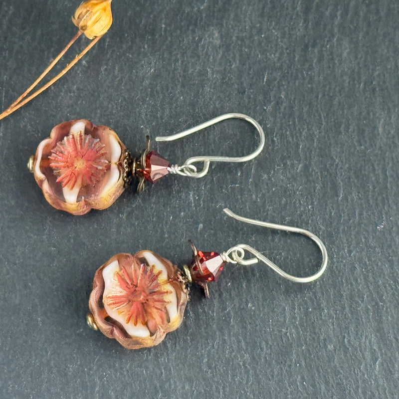 Czech Glass Brown and Orange Hawaiian Flower Earrings in Sterling Silver