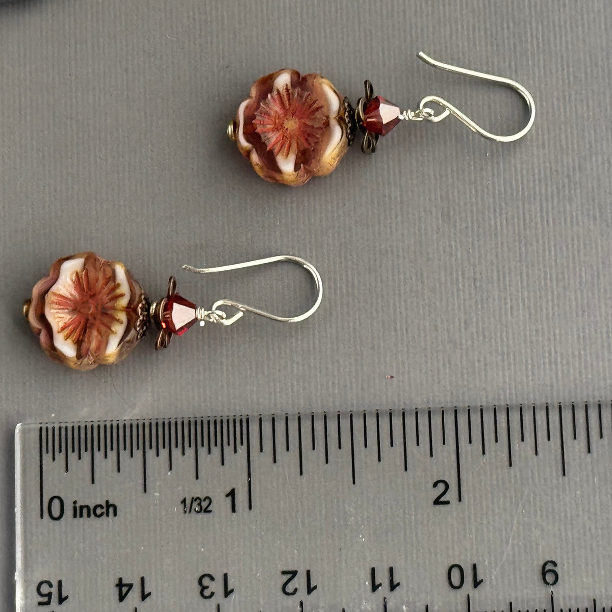 Czech Glass Brown and Orange Hawaiian Flower Earrings in Sterling Silver