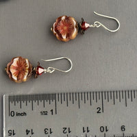 Czech Glass Brown and Orange Hawaiian Flower Earrings in Sterling Silver
