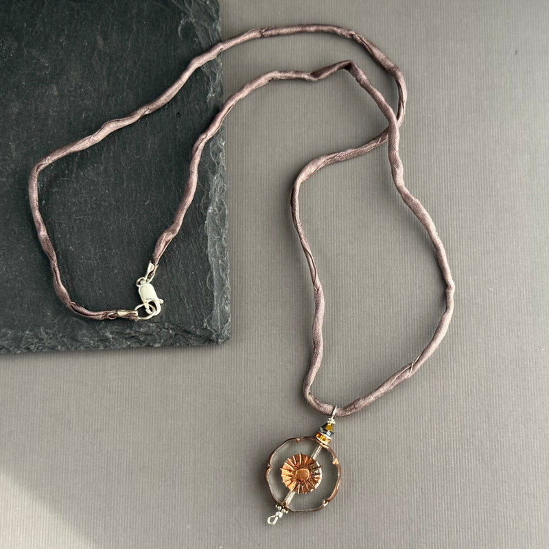 Czech Glass Hibiscus Flower Pendant Necklace on Silk Cord