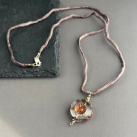 Czech Glass Hibiscus Flower Pendant Necklace on Silk Cord