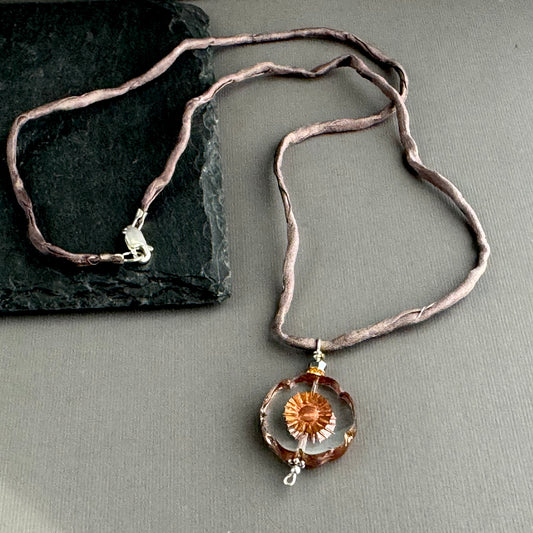 Czech Glass Hibiscus Flower Pendant Necklace on Silk Cord