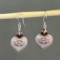 Czech Glass Light Mauve Heart Earrings in Sterling Silver
