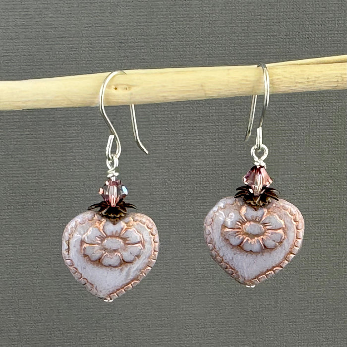 Czech Glass Light Mauve Heart Earrings in Sterling Silver