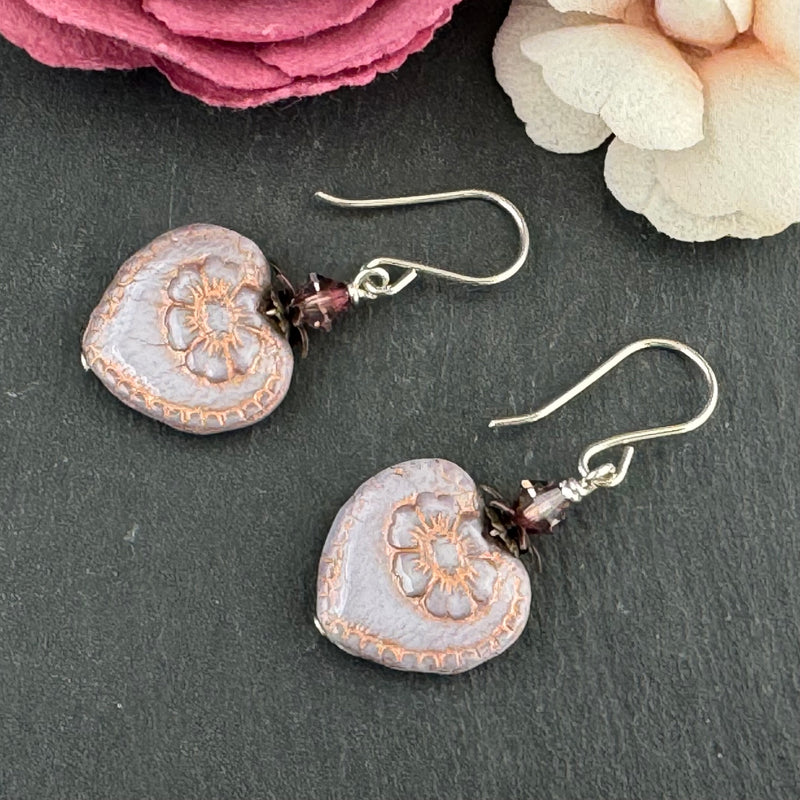 Czech Glass Light Mauve Heart Earrings in Sterling Silver