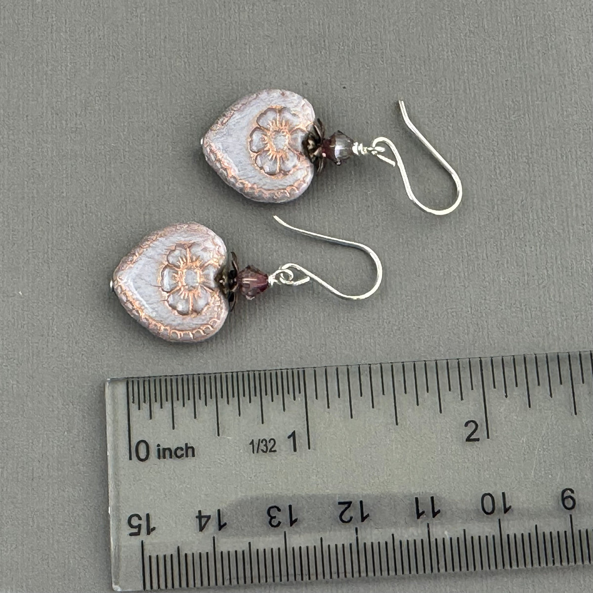 Czech Glass Light Mauve Heart Earrings in Sterling Silver