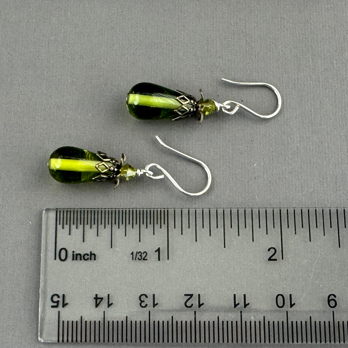 Vintage Handmade Czech Glass Lamp Work Green Earrings in Sterling Silver