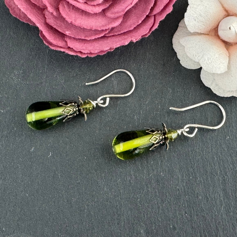 Vintage Handmade Czech Glass Lamp Work Green Earrings in Sterling Silver