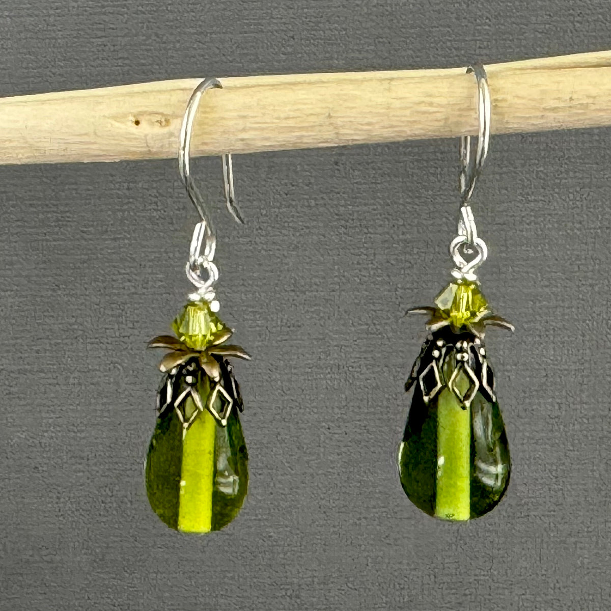 Vintage Handmade Czech Glass Lamp Work Green Earrings in Sterling Silver
