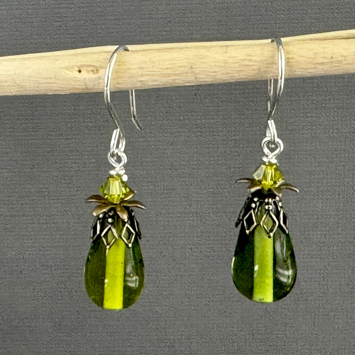 Vintage Handmade Czech Glass Lamp Work Green Earrings in Sterling Silver