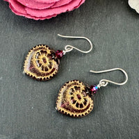 Czech Glass Dark Pink Heart Earrings in Sterling Silver