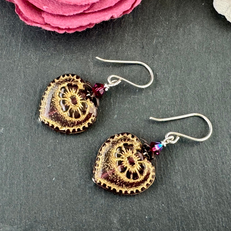 Czech Glass Dark Pink Heart Earrings in Sterling Silver