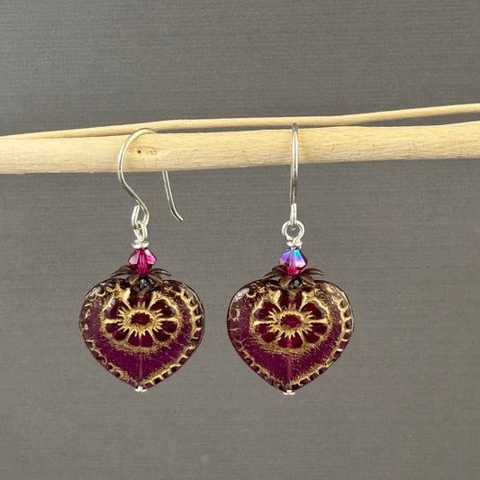 Czech Glass Dark Pink Heart Earrings in Sterling Silver