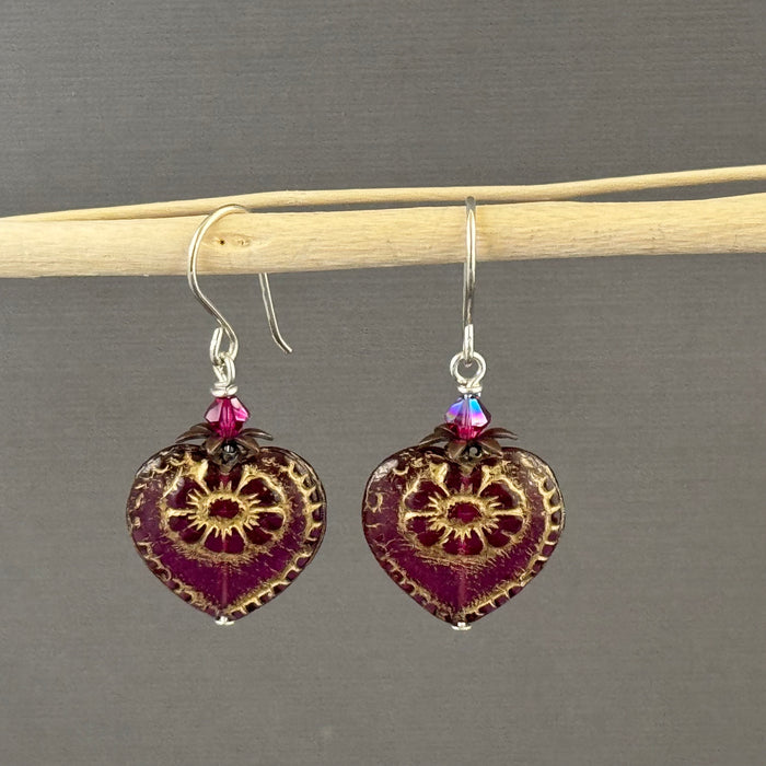Czech Glass Dark Pink Heart Earrings in Sterling Silver