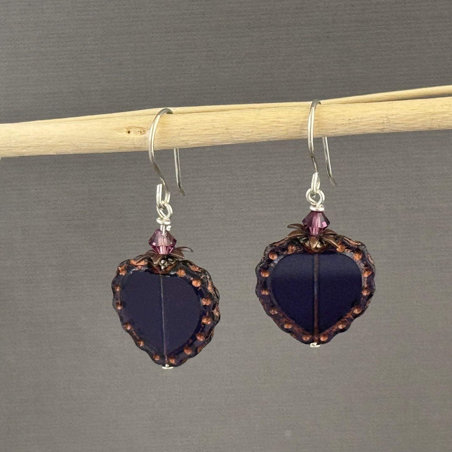 Czech Glass Purple Heart Earrings in Sterling Silver