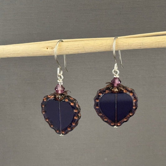 Czech Glass Purple Heart Earrings in Sterling Silver