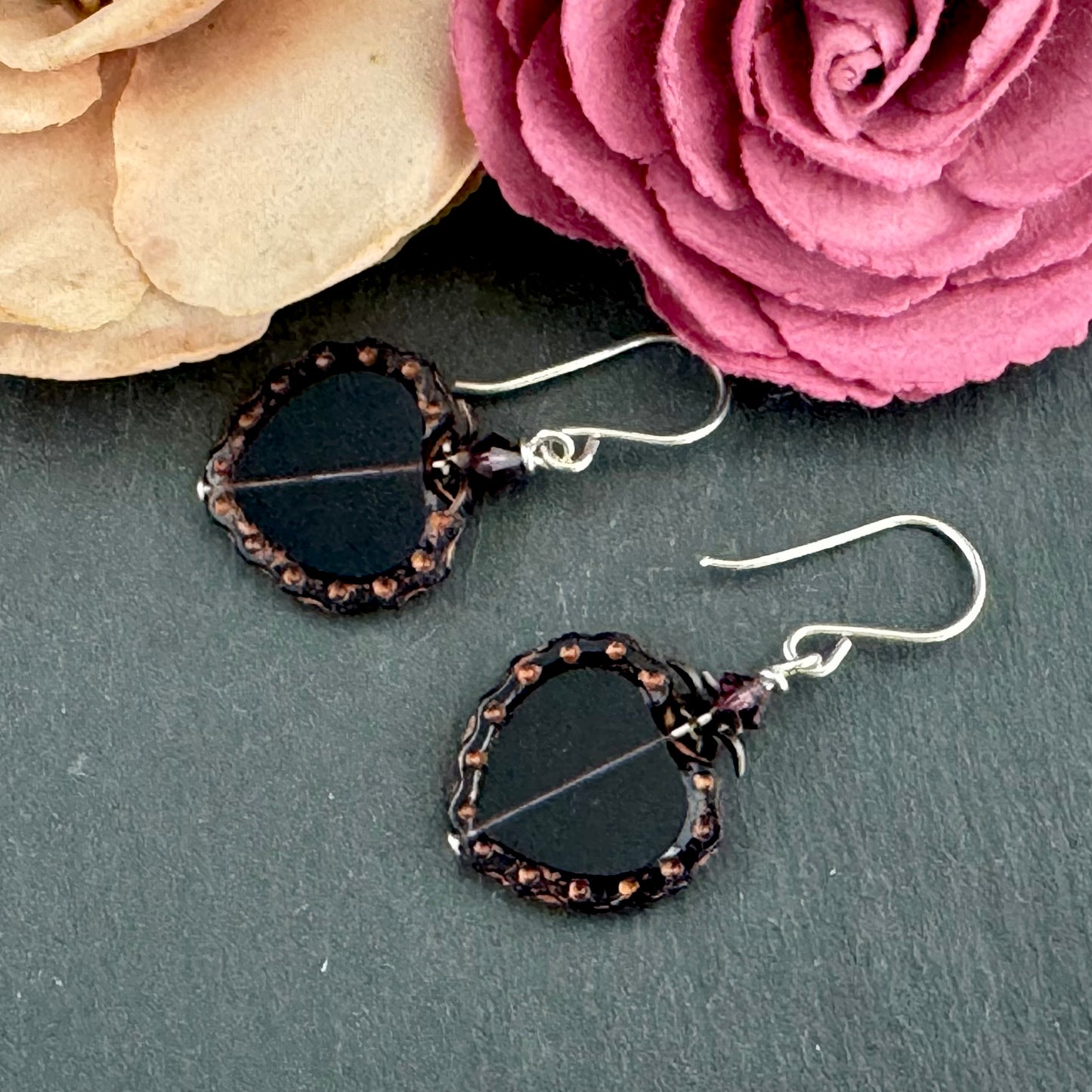 Czech Glass Purple Heart Earrings in Sterling Silver