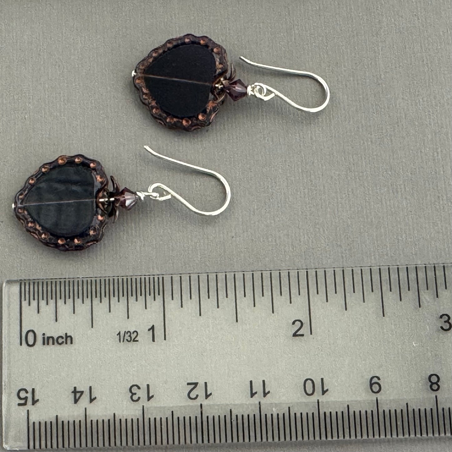 Czech Glass Purple Heart Earrings in Sterling Silver