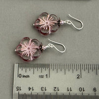 Large Pink Czech Glass Flower Earrings in Sterling Silver