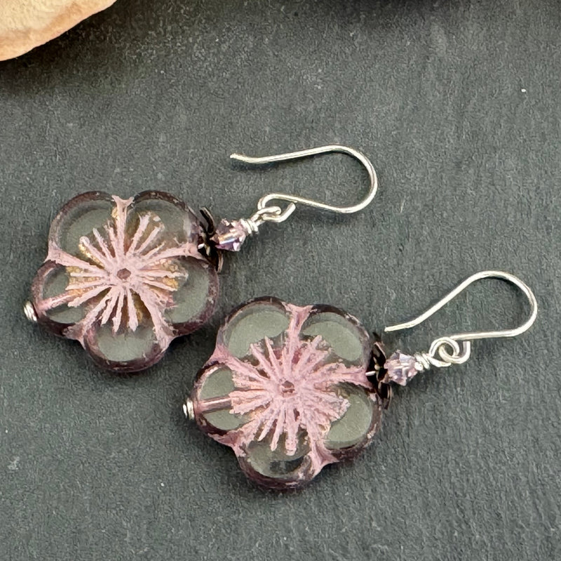 Large Pink Czech Glass Flower Earrings in Sterling Silver