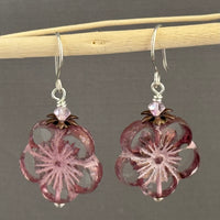 Large Pink Czech Glass Flower Earrings in Sterling Silver