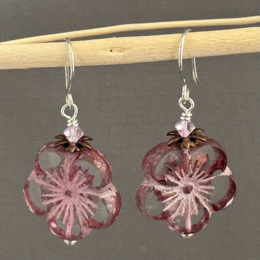 Large Pink Czech Glass Flower Earrings in Sterling Silver