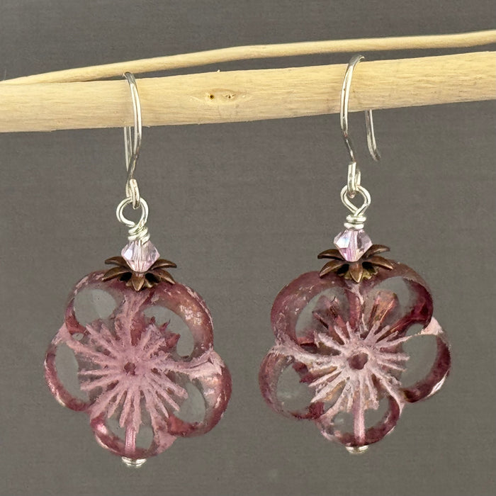 Large Pink Czech Glass Flower Earrings in Sterling Silver