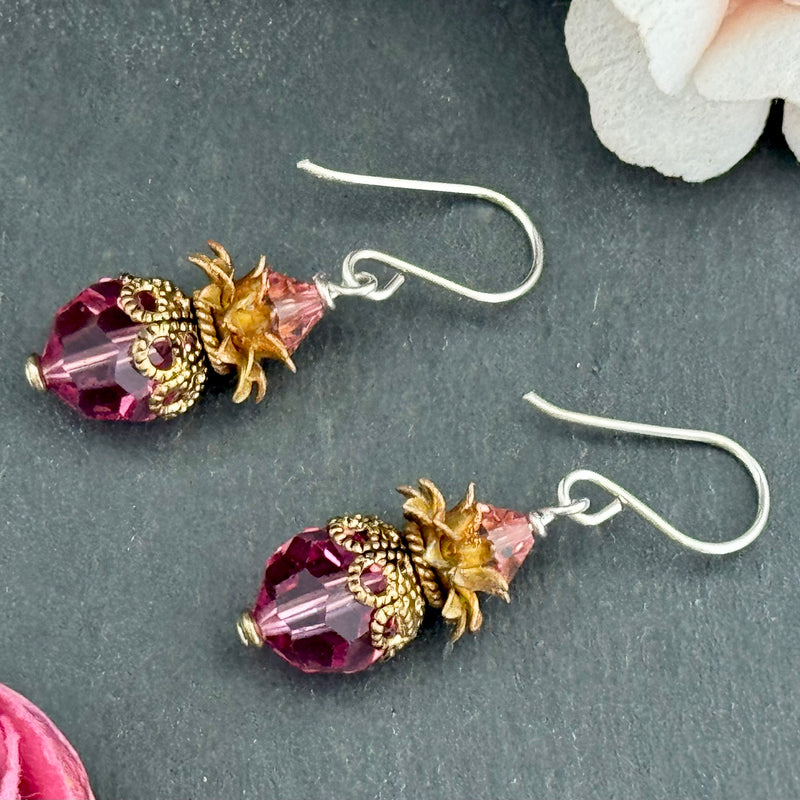 Vintage Pink Swarovski Crystal Earrings in Sterling Silver