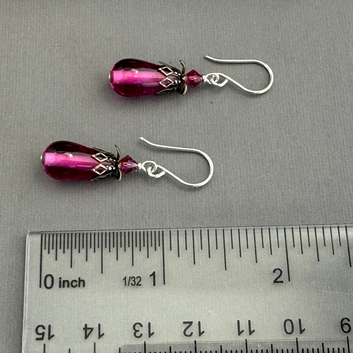 Vintage Handmade Czech Glass Lamp Work Pink Earrings in Sterling Silver