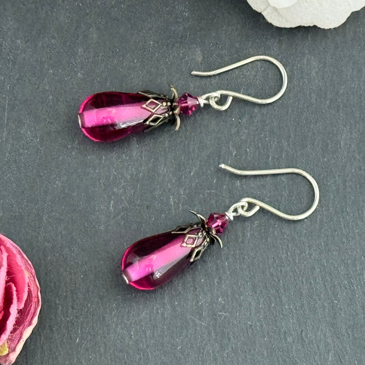 Vintage Handmade Czech Glass Lamp Work Pink Earrings in Sterling Silver