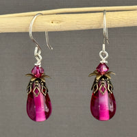 Vintage Handmade Czech Glass Lamp Work Pink Earrings in Sterling Silver