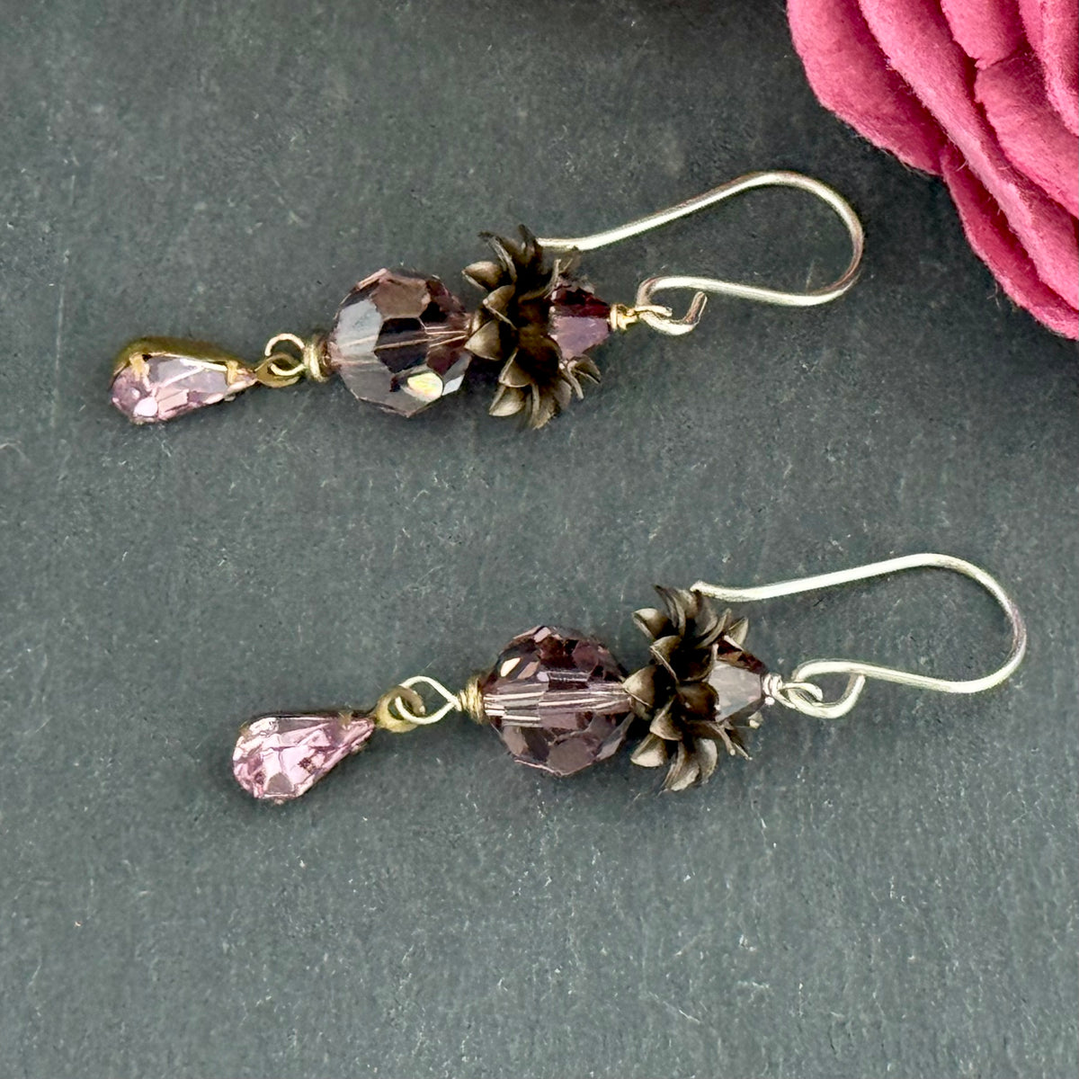 Vintage Dusty Rose Swarovski Crystal Drop Earrings in Sterling Silver