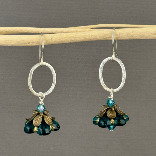 Czech Glass Dark Green Drop Flower Drop Earrings in Sterling Silver