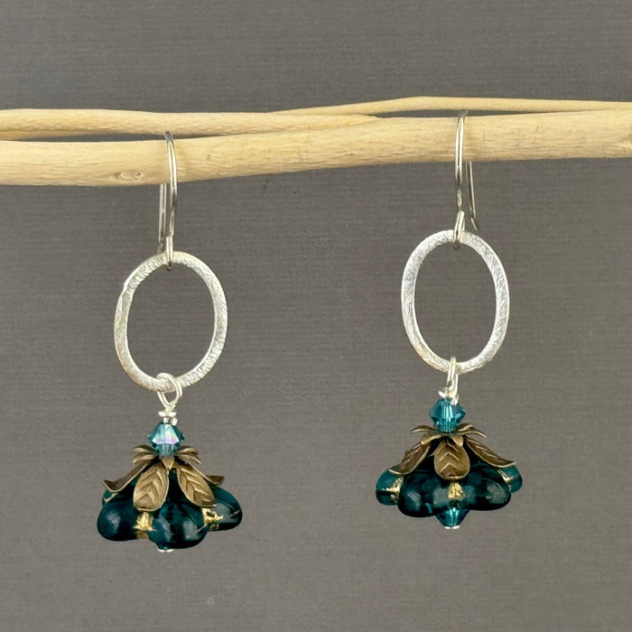 Czech Glass Dark Green Drop Flower Drop Earrings in Sterling Silver