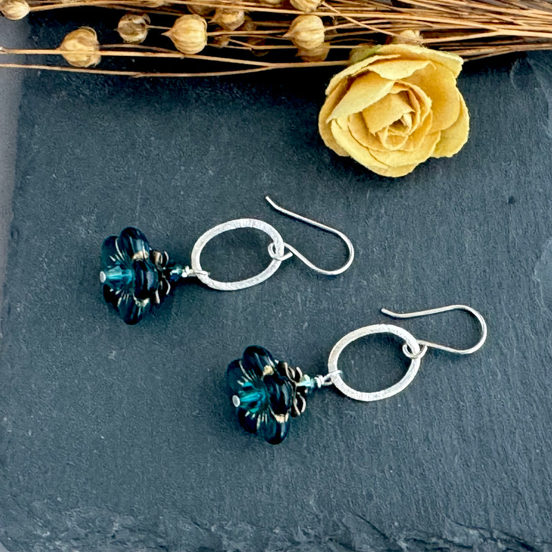 Czech Glass Dark Green Drop Flower Drop Earrings in Sterling Silver