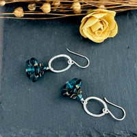 Czech Glass Dark Green Drop Flower Drop Earrings in Sterling Silver