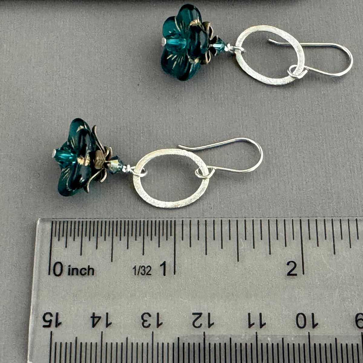Czech Glass Dark Green Drop Flower Drop Earrings in Sterling Silver
