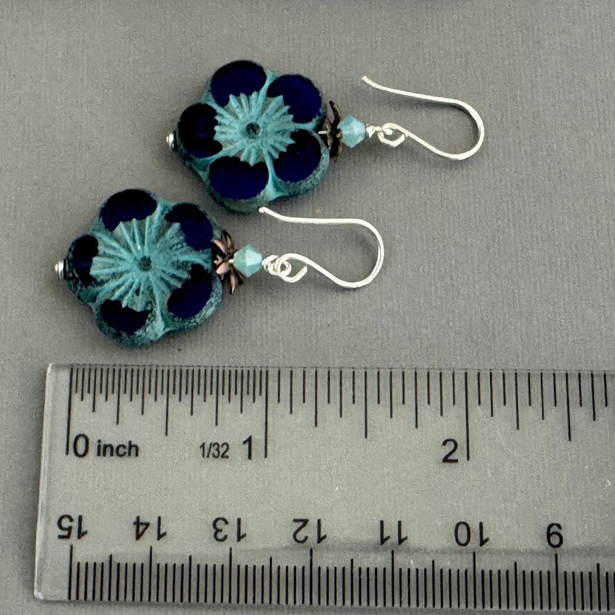 Large Indigo Blue Flower Czech Glass Bohemian Drop Earrings in Sterling Silver